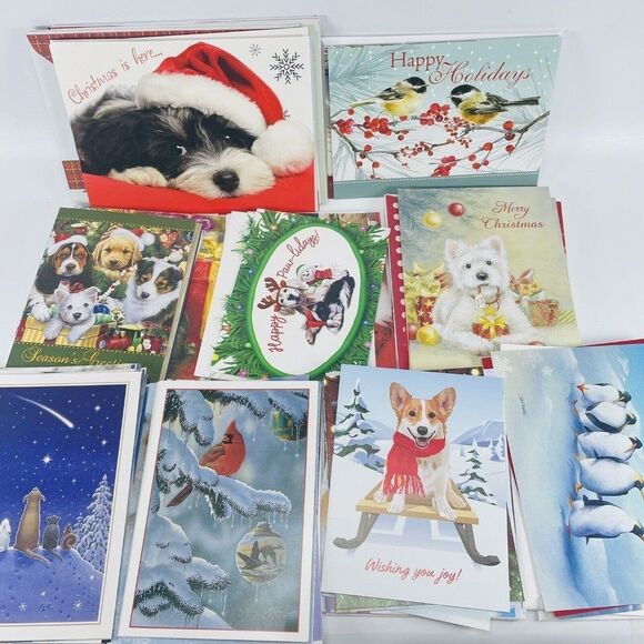 56 Christmas Cards Envelopes Animals Dogs Cats Birds Wildlife Unused Lot Audubon - Picture 1 of 3